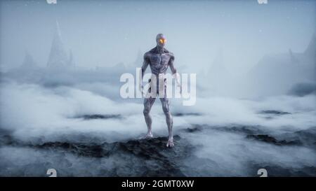 Alieno sul pianeta alieno. Superficie Marte. Concetto UFO. rendering 3d. Foto Stock