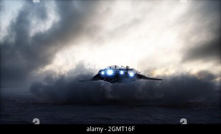 sbarco futuristico della nave nel deserto apocalittico. rendering 3d. Foto Stock