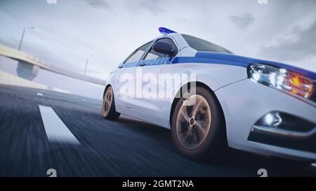 Macchina della polizia in autostrada. Guida molto veloce. rendering 3d. Foto Stock