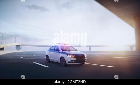 Macchina della polizia in autostrada. Guida molto veloce. rendering 3d. Foto Stock