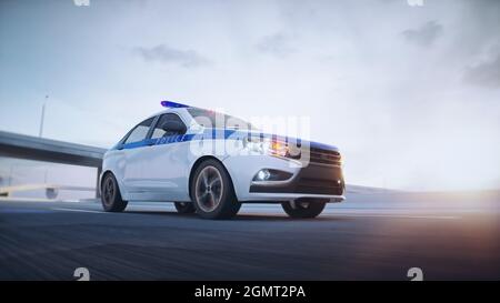 Macchina della polizia in autostrada. Guida molto veloce. rendering 3d. Foto Stock