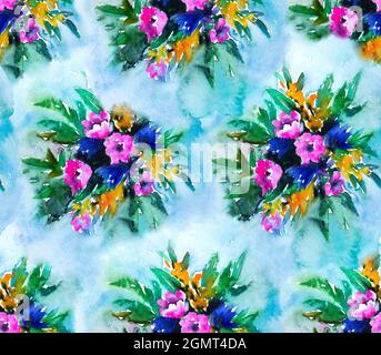 Motivo senza cuciture con bouquet floreali come elementi normali, dipinto in stile vintage ed espressivo. Acquerello pittura originale. Foto Stock