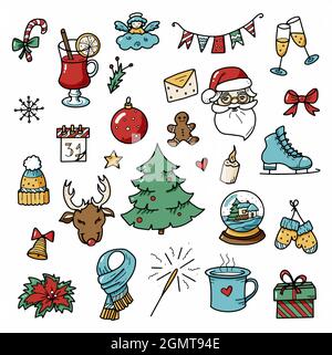 Elementi di Doodles di Natale e inverno. Elementi vettoriali colorati per Natale. Illustrazione Vettoriale