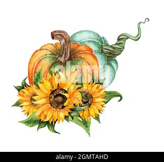 Acquerello illustrazione Autunno composizione di fiori di due zucche e un girasole. Harvest Festival, Thanksgiving. Pittura botanica isolato su Foto Stock