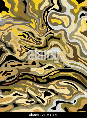 Marbling digitale o illustrazione inkscape di un astratto psychedelic vorticoso Marmo liquido simulato in effetto marmorizzato Suminagashi Kintsugi Illustrazione Vettoriale