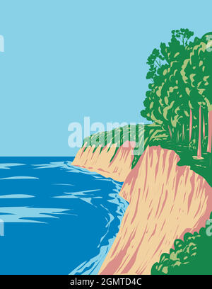 Art Deco o WPA Poster del Parco Nazionale di Jasmund con scogliere di gesso e costa sulla penisola di Jasmund a Mecklenburg-Vorpommern, Germania fatto in WO Illustrazione Vettoriale