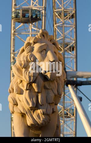 Londra, Inghilterra - 2012;all'estremità nord del Ponte di Westminster risiedono due magnifici leoni, realizzati in pietra artificiale di Coade. Fanno per un inte Foto Stock