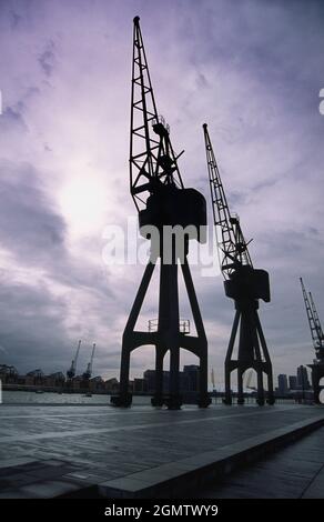 Londra, Inghilterra - 23 maggio 2009 Londra era il più grande porto della terra. Ora le gru sono silenziose. Qui ai Royal Victoria Docks, hanno ape Foto Stock