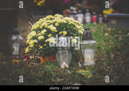 Candele e decorazione floreale da giallo crisantemo fiori su tombe nel cimitero durante il giorno di tutti i Santi Foto Stock