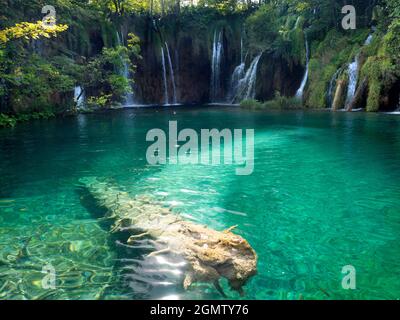 Sito patrimonio dell'umanità dell'UNESCO, il Parco Nazionale dei Laghi di Plitvice è uno dei parchi nazionali più antichi dell'Europa sudorientale e il più grande della Croazia. Ha Foto Stock