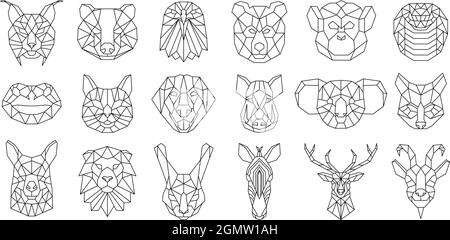 Teste geometriche lineari poligonali di orso animale, serpente, cane. Basso poly animali volti, cinghiale, lama, lynx e koala vettore illustrazione set. Poligonale Illustrazione Vettoriale