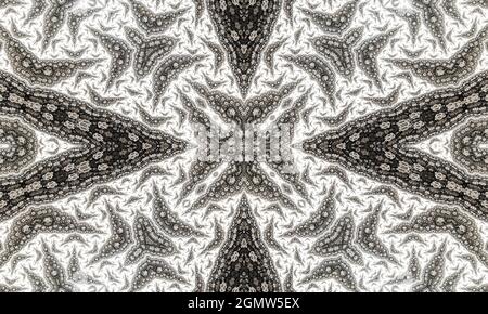 Mosaico senza giunture. Caleidoscopio a foglia monocromatica. Carta Batik grigia. Kaleidoscope monocromatico. Rosa vetrata. Bianco moderno Abstract Watercolor Foto Stock
