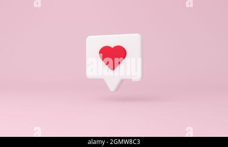 Come l'icona di notifica del cuore, la notifica dei social media su sfondo rosa. rendering 3d. Foto Stock