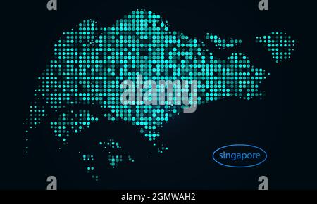 Mezzitoni astratti punteggiati su sfondo scuro con mappa di singapore. Linea di tecnologia digitale punteggiata, sfera di disegno, punto e struttura. Vettore illustrati Illustrazione Vettoriale