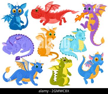 Drago cartoon bambini fantasia creatura cute mascotte. Divertente drago bebè, leggende medievali e favole personaggi dinosauri set di illustrazioni vettoriali Illustrazione Vettoriale
