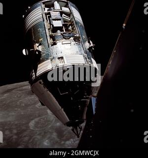 (14 dic. 1972) --- una vista eccellente dei moduli di comando e servizio (CSM) Apollo 17 fotografati dal modulo Lunar (LM) 'Challenger' durante le manovre di rindezvous e di aggancio in orbita lunare. La fase di ascesa LM, con gli astronauti Eugenio A. Cernan e Harrison H. Schmitt a bordo, era appena tornata dal luogo di atterraggio di Taurus-Littrow sulla superficie lunare. L'astronauta Ronald E. Evans rimase con il CSM in orbita lunare. Prendere nota dell'alloggiamento del modulo dello strumento scientifico (SIM) esposto nel settore 1 del modulo di assistenza (SM). Nell'alloggiamento della SIM vengono condotti tre esperimenti: S-209 Lunar Sounder, S-171 infrarare Foto Stock