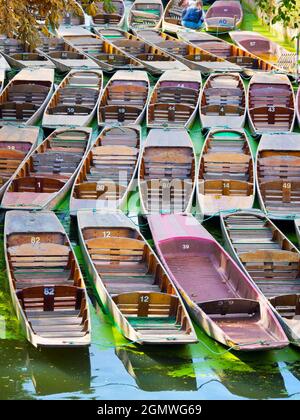 Oxford, Inghilterra - 5 settembre 2019; una scena tranquilla da Magdalen Bridge sul fiume Cherwell a Oxford, Inghilterra. Questo è un luogo famoso per il pugno Foto Stock