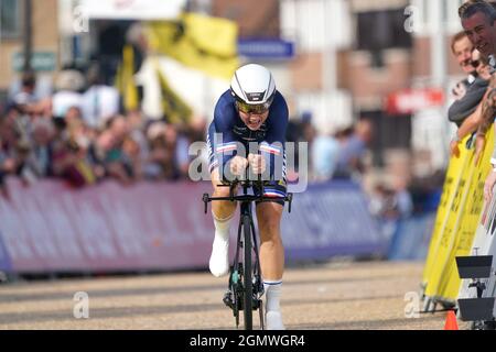 Audrey Cordon-Ragot (fra) in azione durante la gara di prova individuale delle Donne Elite, da Knokke-Heist a Brugge, al Campionato del mondo UCI Road Cycling Fiandre 2021 il 20 settembre 2021 a Brugge, Belgio. Credit: SCS/Soenar Chamid/AFLO/Alamy Live News Foto Stock