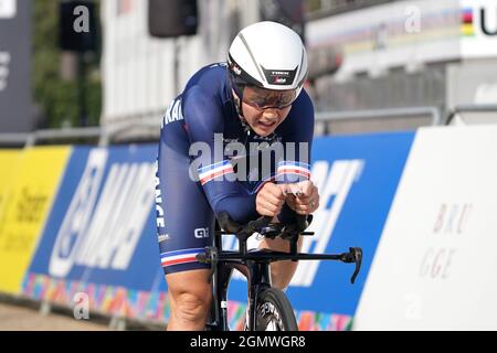 Audrey Cordon-Ragot (fra) in azione durante la gara di prova individuale delle Donne Elite, da Knokke-Heist a Brugge, al Campionato del mondo UCI Road Cycling Fiandre 2021 il 20 settembre 2021 a Brugge, Belgio. Credit: SCS/Soenar Chamid/AFLO/Alamy Live News Foto Stock