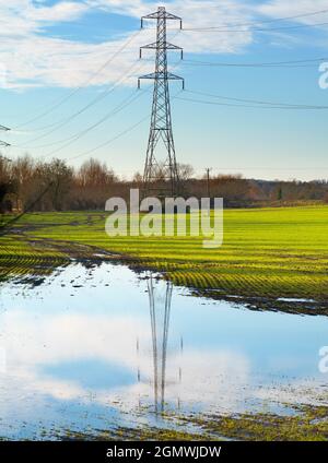 Oxfordshire, Inghilterra - 2 gennaio 2021; nessuna gente in vista. Amo i piloni elettrici; trovo le loro forme astratte e gaunt infinitamente affascinanti. EV Foto Stock