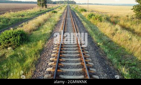Linee ferroviarie dritte, strada ferroviaria attraverso campi e foreste Foto Stock