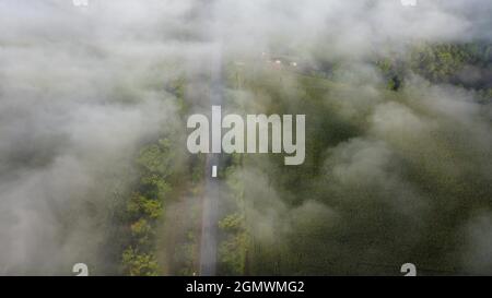 Volo con droni sulla strada in alto nella nebbia mattutina Foto Stock