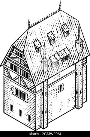 Illustrazione d'epoca dell'icona della mappa medievale dell'edificio Illustrazione Vettoriale