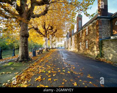 Abingdon, Inghilterra - 25 ottobre 2020; non ci sono persone a colpi di arma da fuoco. Idilliaca vista del Tamigi ad Abingdon, in tardo autunno. Saint Helen's Wharf, visto sull'oppos Foto Stock