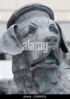 HonningsvŒg è la città più settentrionale della Norvegia e si trova all'interno del Circolo polare Artico. E la prima cosa che vedete in città è questa statua di bronzo di Bamse, Foto Stock