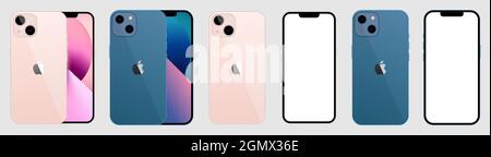 Vinnytsia, Ucraina - 15 settembre 2021. Nuovo iphone13 in due colori blu Pacifico e rosa di Apple Inc. Mock-up schermo iphone e retro lato iph Illustrazione Vettoriale