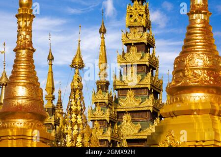 Situato sulla collina di Singuttara nel centro di Yangon (Rangoon), Myanmar, la Pagoda di Shwedagon è la pagoda buddista più sacra in Myanmar, come è la sua fidenza Foto Stock