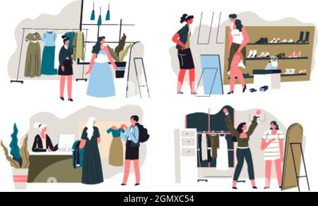 Shopping in boutique di moda, negozio o negozio per Signore Illustrazione Vettoriale
