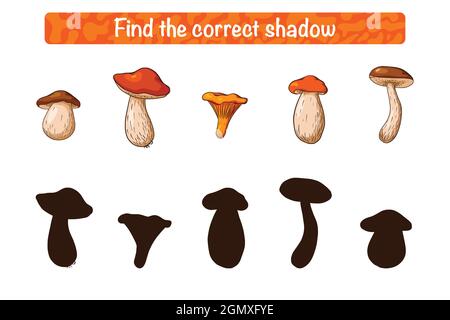 Trova il gioco educativo corretto di silhouette di funghi commestibili per i bambini. Attività di abbinamento ombra per bambini con funghi. Puzzle prescolare. Foglio di lavoro didattico. Vettore Premium Illustrazione Vettoriale