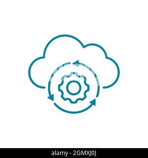 Icona della linea di sincronizzazione cloud. SaaS. Software come servizio. Elementi di cloud computing. Servizi di hosting su una piattaforma server. Ruota dentata con frecce. Illustrazione Vettoriale