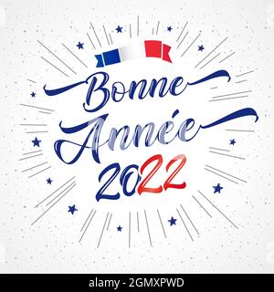 Bonne Annee testo francese - Felice anno nuovo 2022 carta di vacanza scritta. 20 22 numeri, stelle blu ed elegante illustrazione vettoriale della calligrafia per la Francia Illustrazione Vettoriale