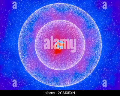 Atomo con protoni, neutroni ed elettroni. Illustrazione concettuale. Foto Stock