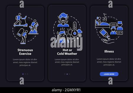 Aumento del consumo di liquidi schermata scura della pagina dell'app mobile onboarding Illustrazione Vettoriale