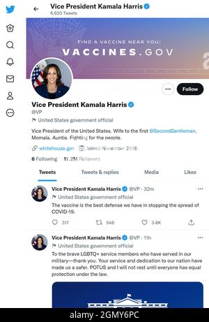 Pagina Twitter (settembre 2021) del vicepresidente americano Kamala Harris Foto Stock