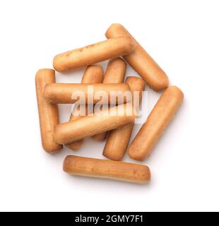 Vista dall'alto di bastoncini di pane isolati su bianco Foto Stock