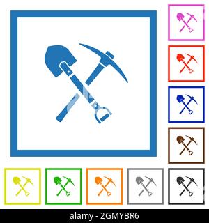 icone a colori piatte per pala e piccone in cornici quadrate su sfondo bianco Illustrazione Vettoriale
