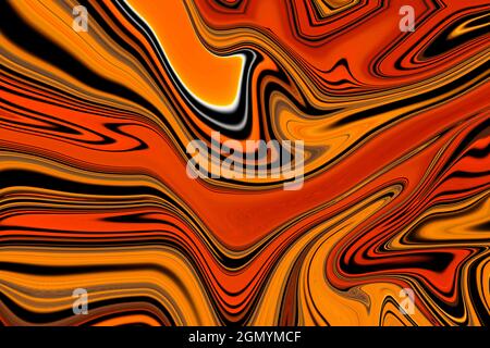 Inchiostro di marmo colorato. Arancione e marmo nero motivo trama sfondo astratto. Può essere utilizzato per sfondo o carta da parati, Flow ink. Foto Stock