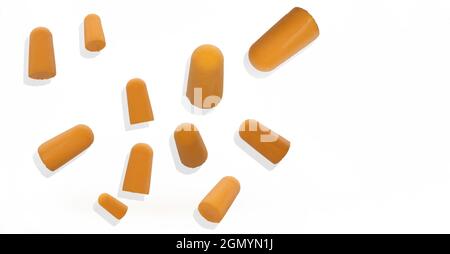 silicone, schiuma, tappi arancioni in varie misure galleggianti su sfondo bianco, protezione contro suoni e rumori Foto Stock