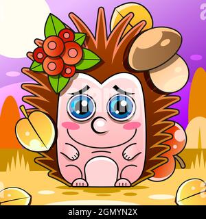 Allegro sorridente hedgehog mangia bacche mature di viburnum e foglie autunnali isolate su sfondo bianco. Cartoon vettoriale Illustrazione Vettoriale