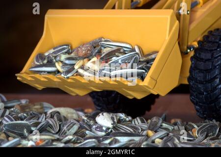 Modello di un veicolo da costruzione al lavoro con semi di uccelli Foto Stock