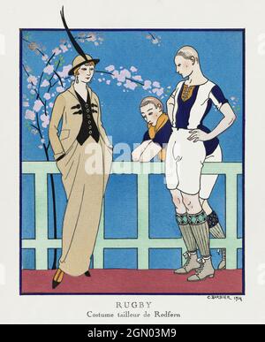 Rugby: Costume tailleur de Redfern da Gazette du Bon Ton No.4 Pl. 39 (1914) illustrazione di moda in alta risoluzione di George Barbier. Foto Stock