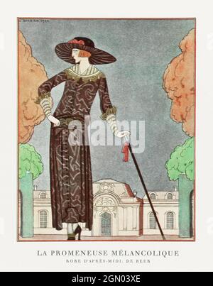 La promeneuse mélancolique, Robe d'après-midi, de Beer (1922) illustrazione di moda in alta risoluzione di George Barbier. Foto Stock