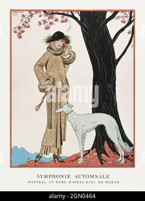 Autumn Symphony: Mantello e abito pomeridiano (1922) illustrazione di moda in alta risoluzione di George Barbier. Foto Stock