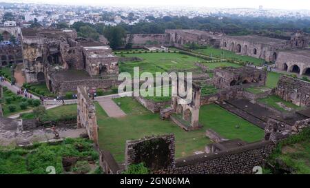 5 settembre 21, Golkonda Fort, Hyderabad, India. Vista aerea dell'interno dello storico Forte Golkonda Foto Stock
