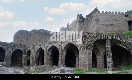 5 settembre 21, Forte Golkonda, Hyderabad. Camere soldato a Golkonda Fort Foto Stock