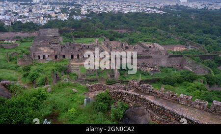 5 settembre 21, Forte Golkonda, Hyderabad. Vista lato ovest dell'interno del Forte Golkonda Foto Stock
